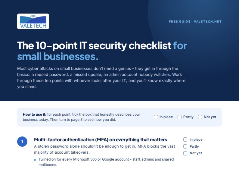 The first page of the Valetech 10-point IT security checklist